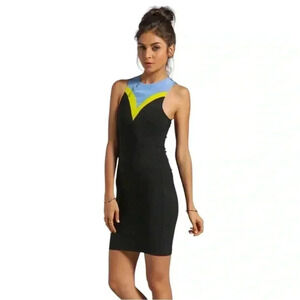 Naven Siren Tricolor‎ Black/Periwinkle/Chartreuse bodycon stretch dress Size M